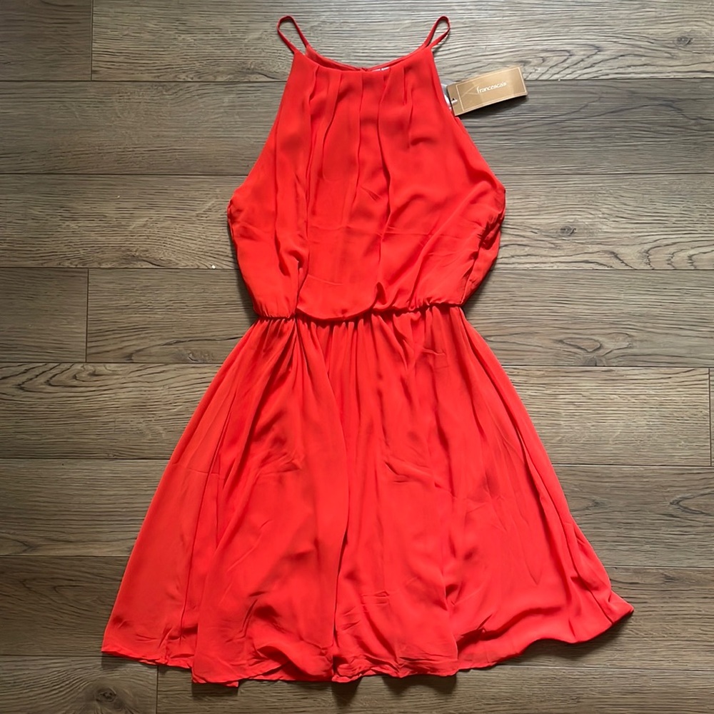 Bright red/orange, high neck, cinched waist mini dress